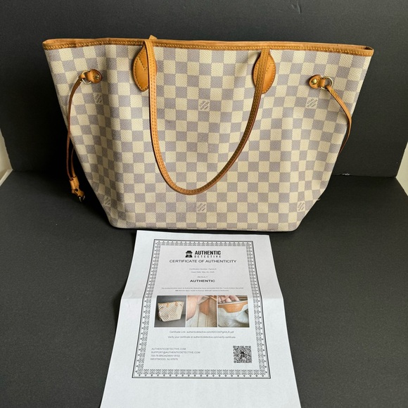 Louis Vuitton Neverfull MM Damier Azur Tote Bag Cream Checkered Purse Authentic - Picture 15 of 16